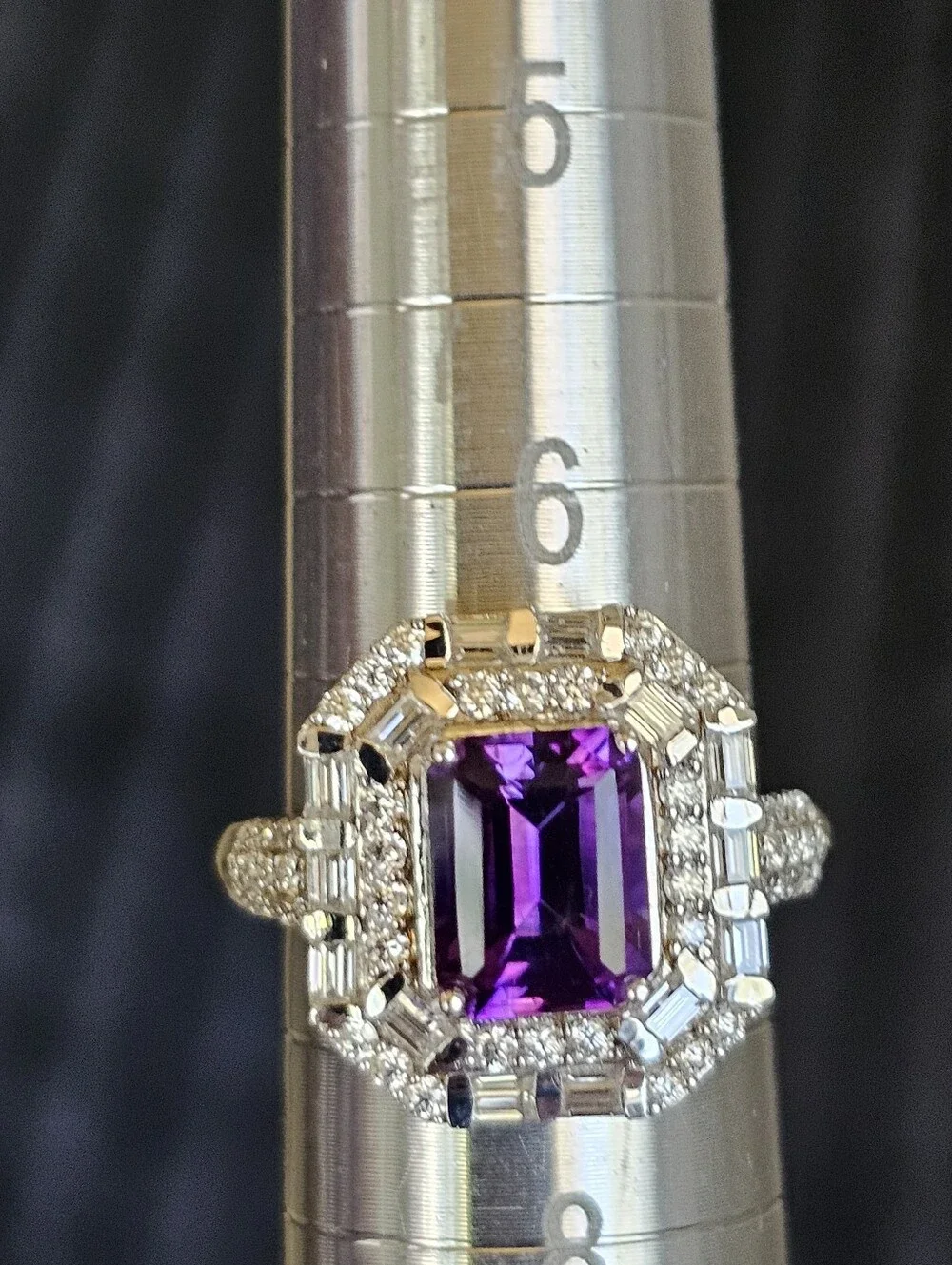 Genuine Amethyst & White Moissanite Ring Sterling Silver Platinum Overlay Sz 7!